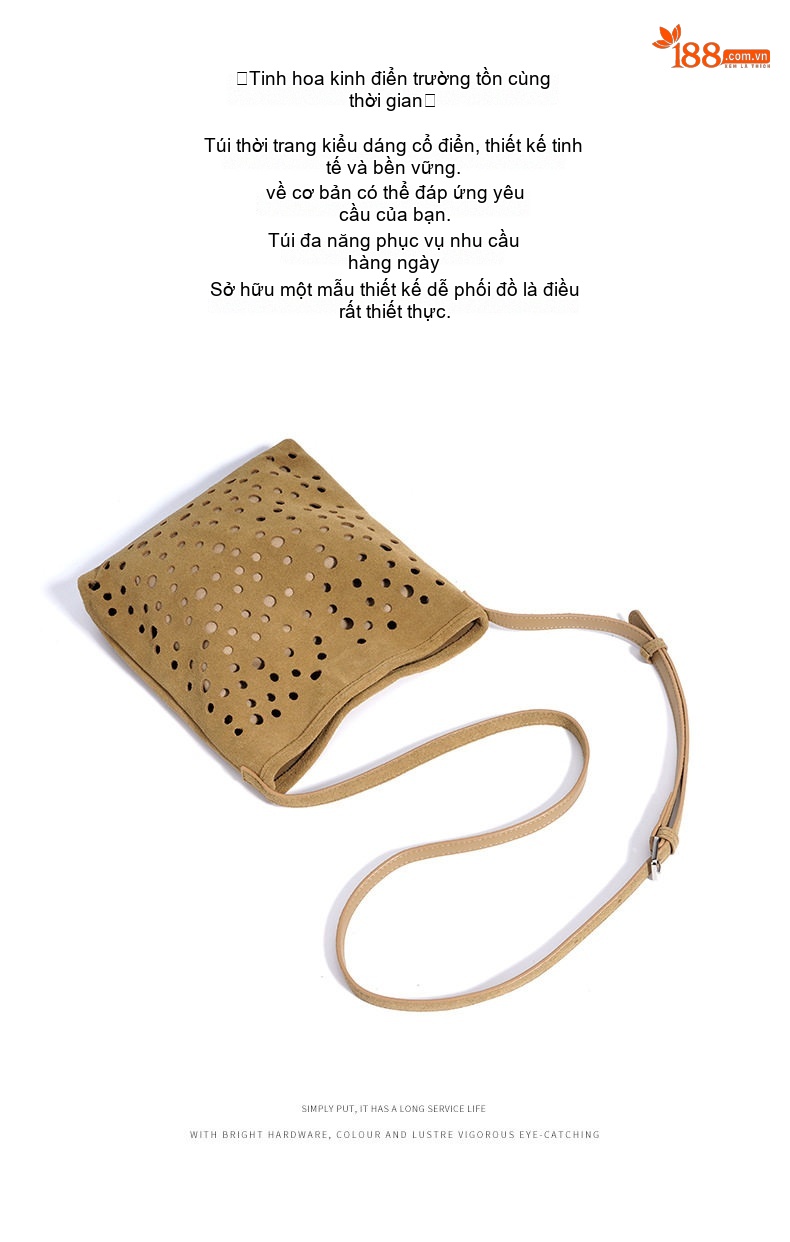 Túi Đeo Vai Nữ Da Bò Mờ Dáng Bucket Khoét Lỗ Phong Cách Retro Kèm Túi Nhỏ Màu Nâu chi tiết 10
