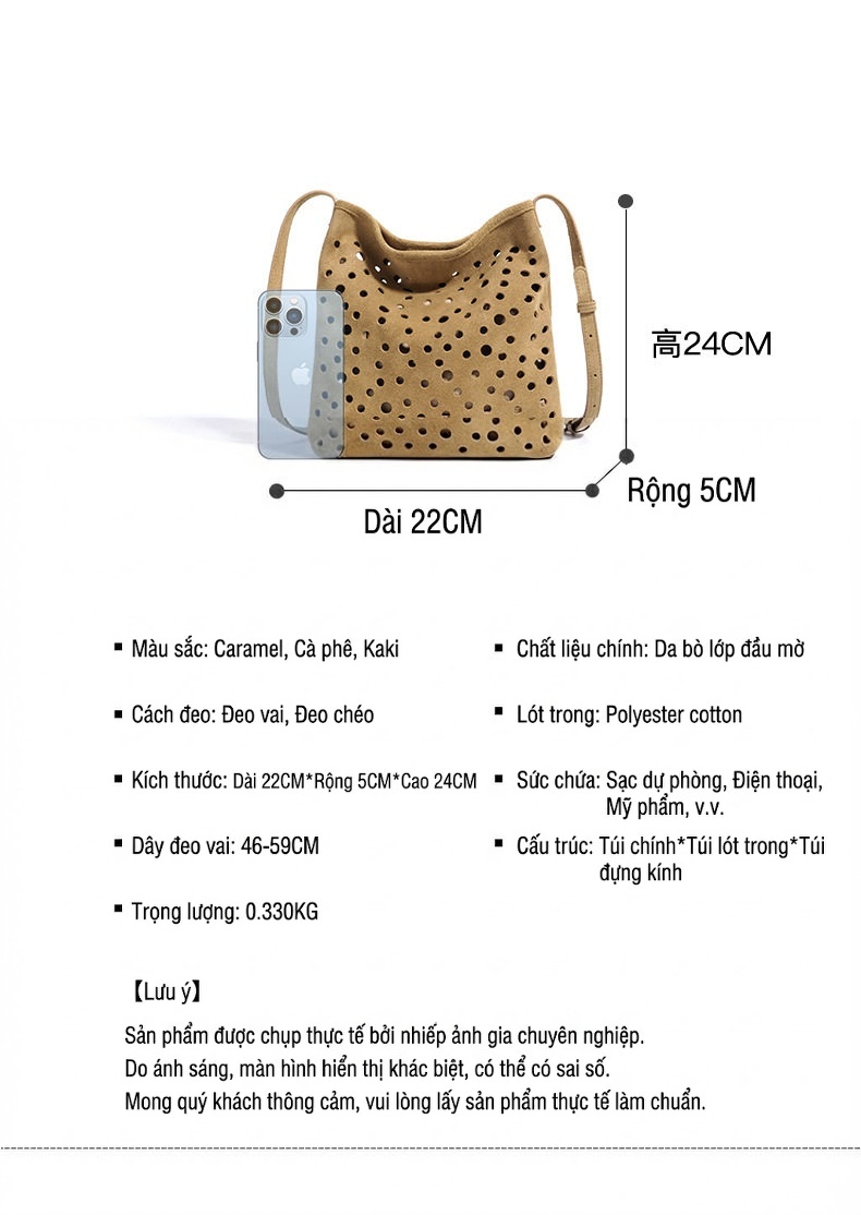 Túi Đeo Vai Nữ Da Bò Mờ Dáng Bucket Khoét Lỗ Phong Cách Retro Kèm Túi Nhỏ Màu Nâu chi tiết 11
