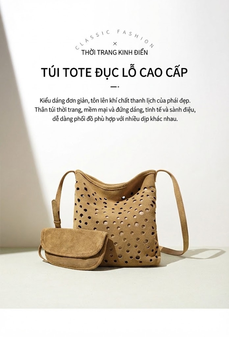 Túi Đeo Vai Nữ Da Bò Mờ Dáng Bucket Khoét Lỗ Phong Cách Retro Kèm Túi Nhỏ Màu Nâu chi tiết 4