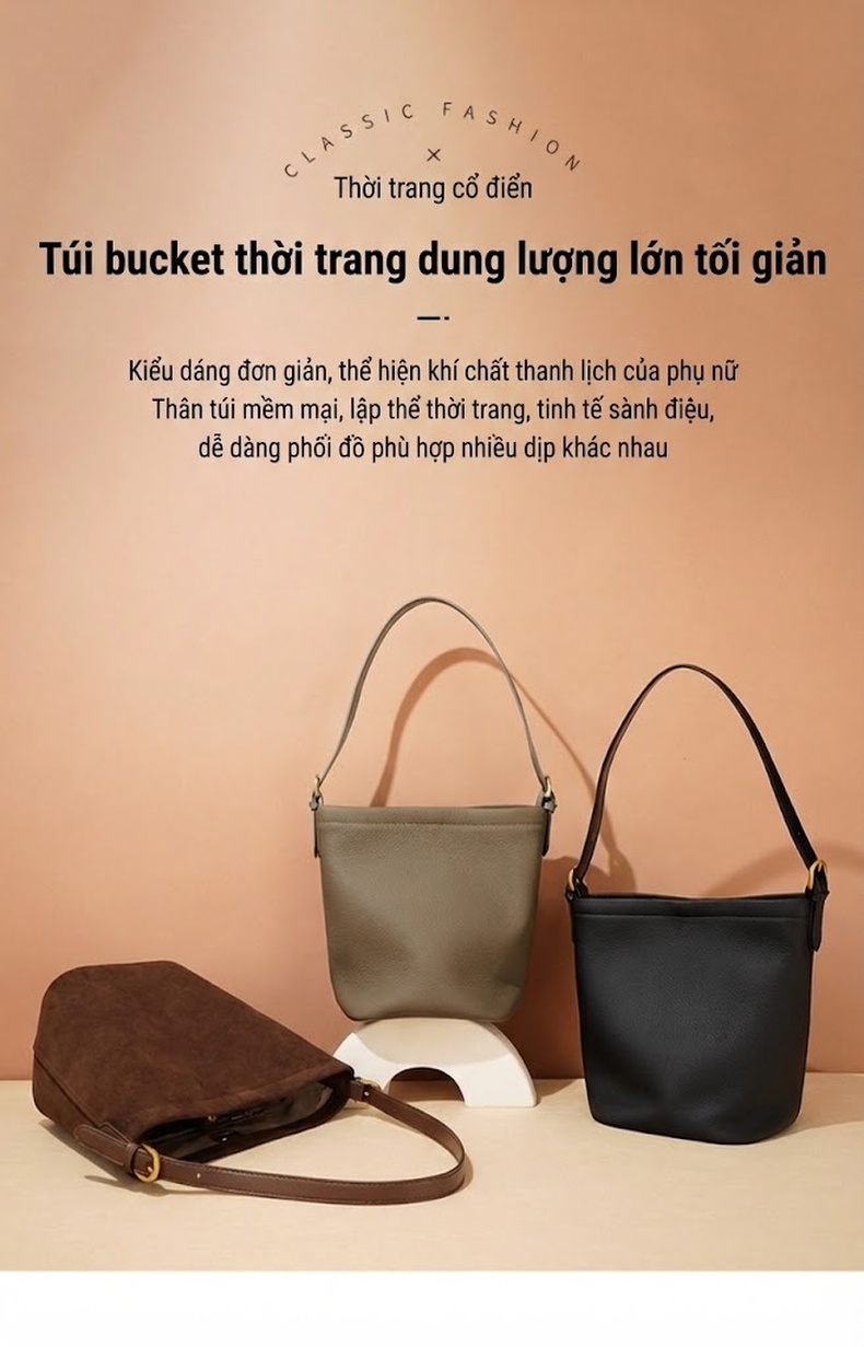 Túi Đeo Vai Nữ Da Bò Một Ngăn Kiểu Dáng Đơn Giản Màu Nâu, Xám, Đen chi tiết 1