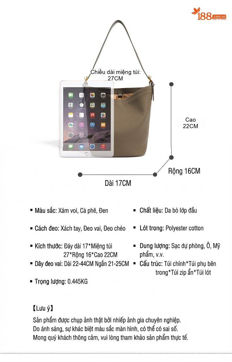 Túi Đeo Vai Nữ Da Bò Một Ngăn Kiểu Dáng Đơn Giản Màu Nâu, Xám, Đen chi tiết 7