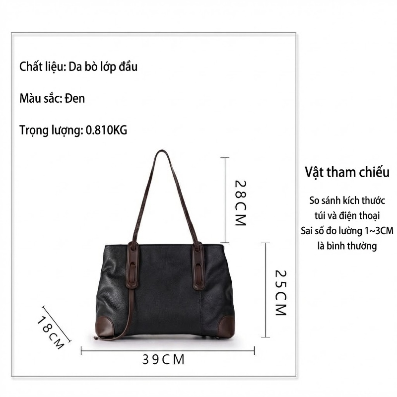 Túi Đeo Vai Nữ Da Bò Nguyên Miếng Form Lớn Màu Đen, Nâu