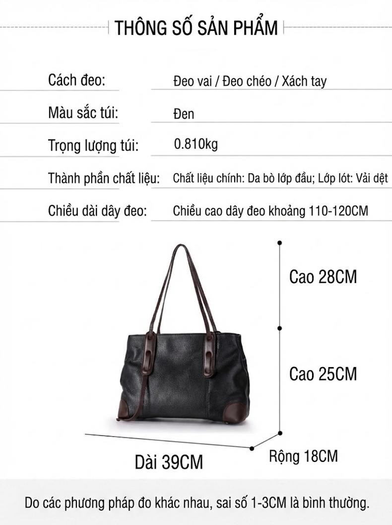 Túi Đeo Vai Nữ Da Bò Nguyên Miếng Form Lớn Màu Đen, Nâu chi tiết 5