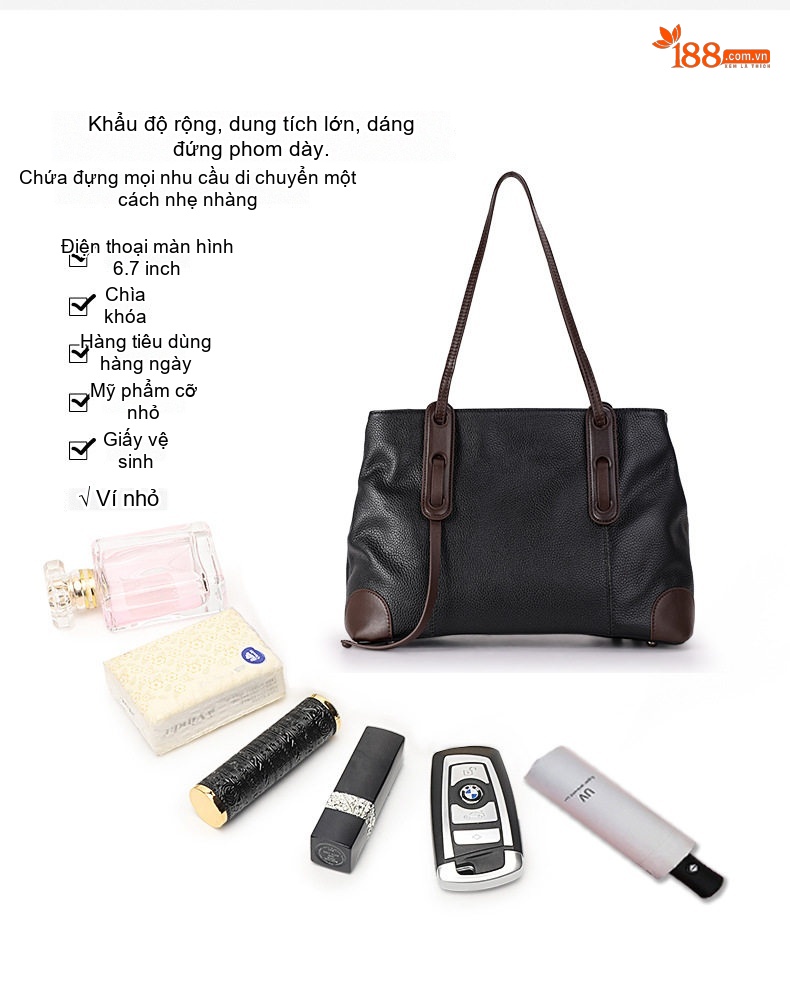 Túi Đeo Vai Nữ Da Bò Nguyên Miếng Form Lớn Màu Đen, Nâu chi tiết 8
