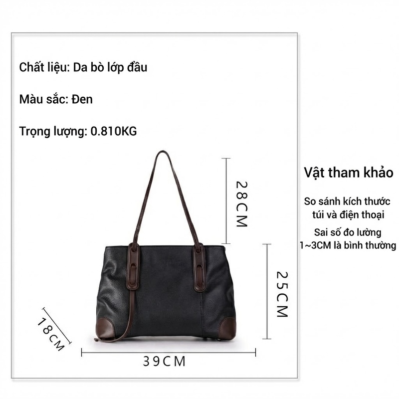 Túi Đeo Vai Nữ Da Bò Nguyên Miếng Form Lớn Màu Đen, Nâu chi tiết 11