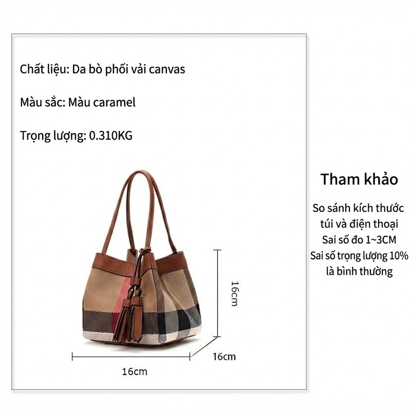Túi Đeo Vai Nữ Da Bò Phối Vải Canvas Dáng Thùng Màu Caramel