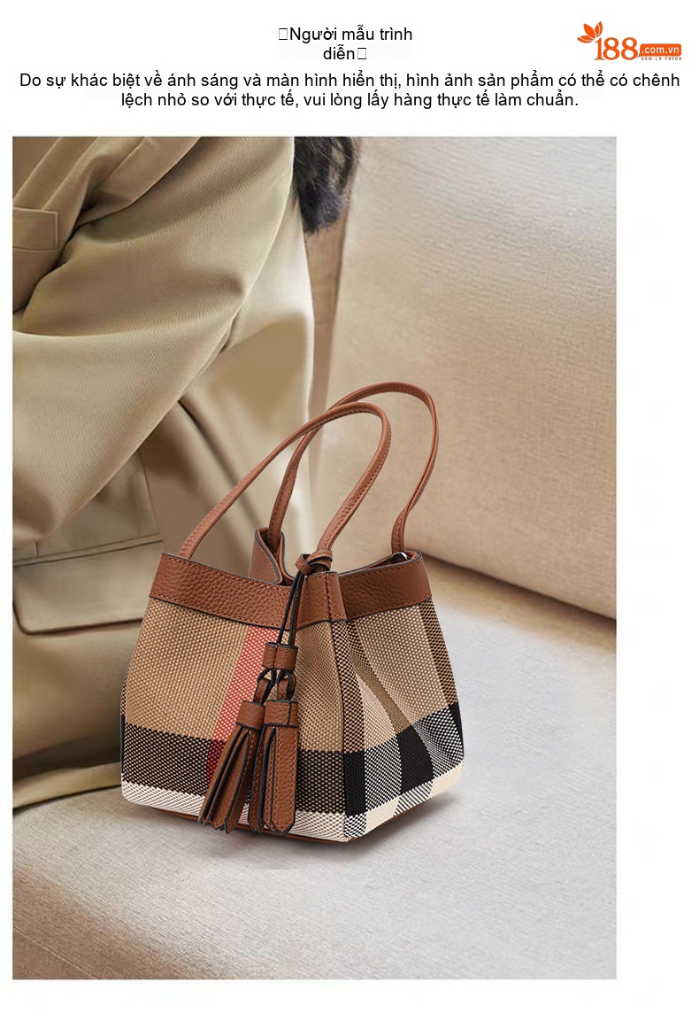 Túi Đeo Vai Nữ Da Bò Phối Vải Canvas Dáng Thùng Màu Caramel chi tiết 1
