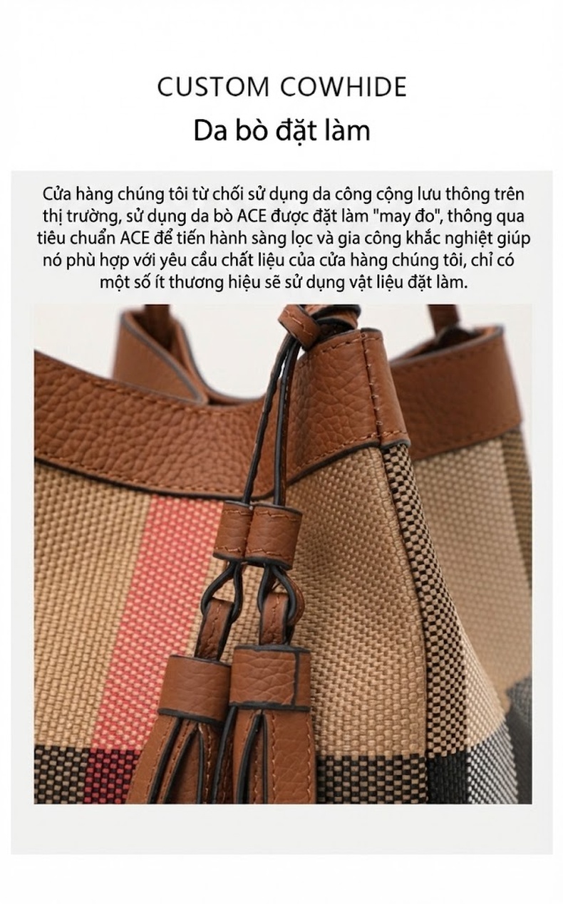 Túi Đeo Vai Nữ Da Bò Phối Vải Canvas Dáng Thùng Màu Caramel chi tiết 6