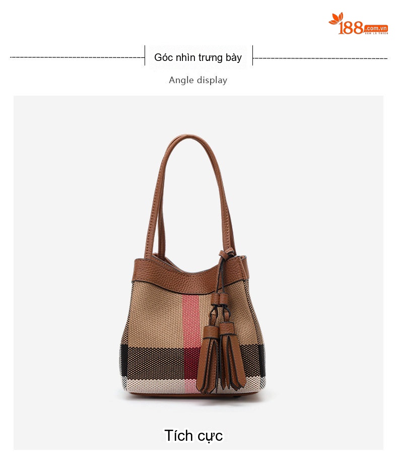 Túi Đeo Vai Nữ Da Bò Phối Vải Canvas Dáng Thùng Màu Caramel chi tiết 7