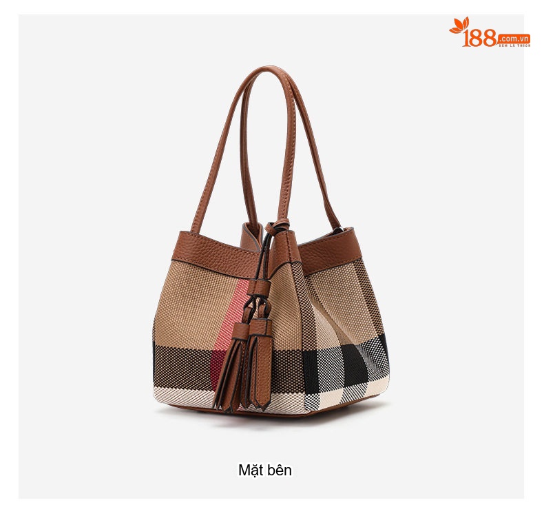 Túi Đeo Vai Nữ Da Bò Phối Vải Canvas Dáng Thùng Màu Caramel chi tiết 8