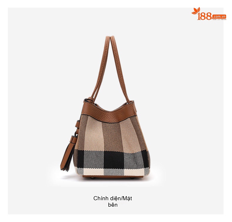 Túi Đeo Vai Nữ Da Bò Phối Vải Canvas Dáng Thùng Màu Caramel chi tiết 9