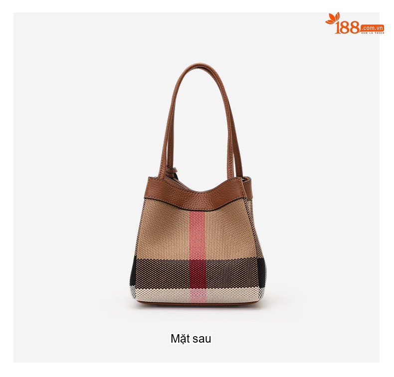 Túi Đeo Vai Nữ Da Bò Phối Vải Canvas Dáng Thùng Màu Caramel chi tiết 11