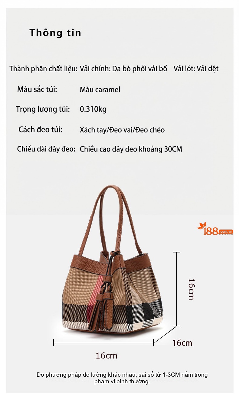 Túi Đeo Vai Nữ Da Bò Phối Vải Canvas Dáng Thùng Màu Caramel chi tiết 3
