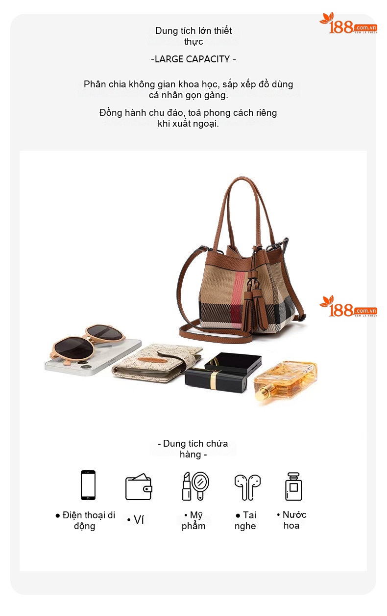 Túi Đeo Vai Nữ Da Bò Phối Vải Canvas Dáng Thùng Màu Caramel chi tiết 5