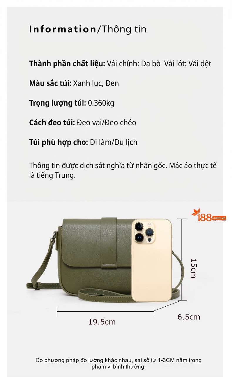 Túi Đeo Vai Nữ Da Bò Phom Chữ Nhật Nhỏ Gọn Màu Xanh Lá Cây, Đen chi tiết 3