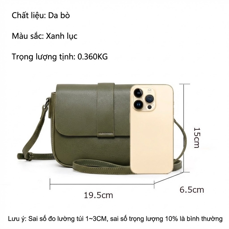Túi Đeo Vai Nữ Da Bò Phom Chữ Nhật Nhỏ Gọn Màu Xanh Lá Cây, Đen