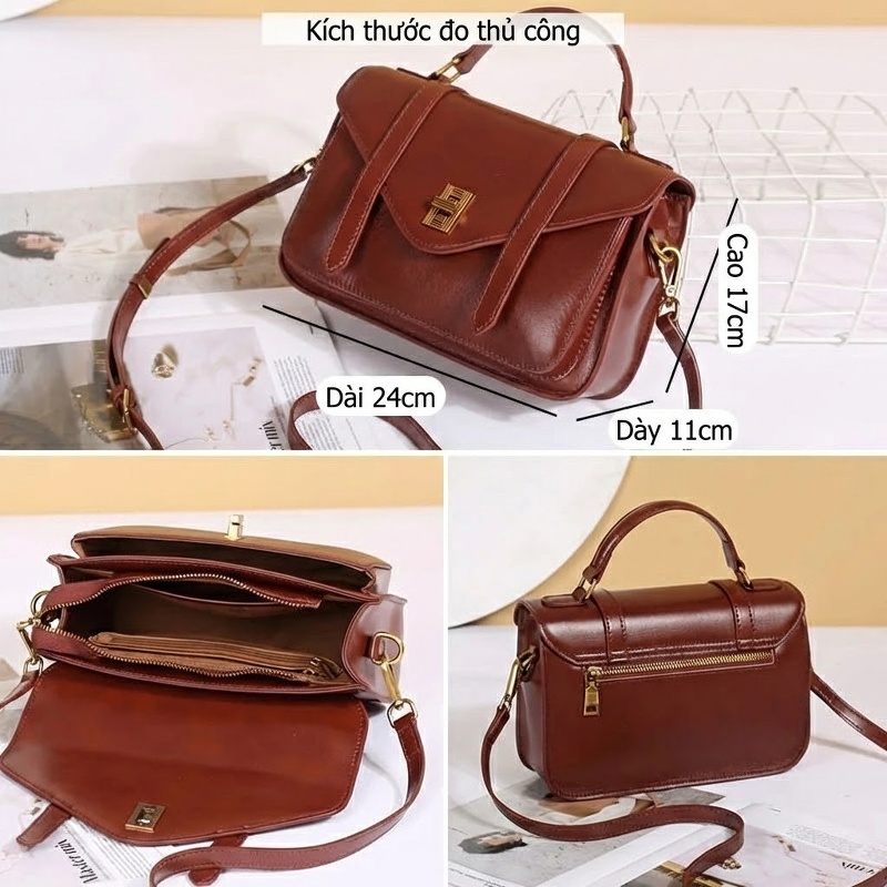 Túi Đeo Vai Nữ Da Bò Retro Phong Cách Vintage, Túi Xách Tay Đơn Giản Màu Đỏ Rượu Vang, Đen, Vàng