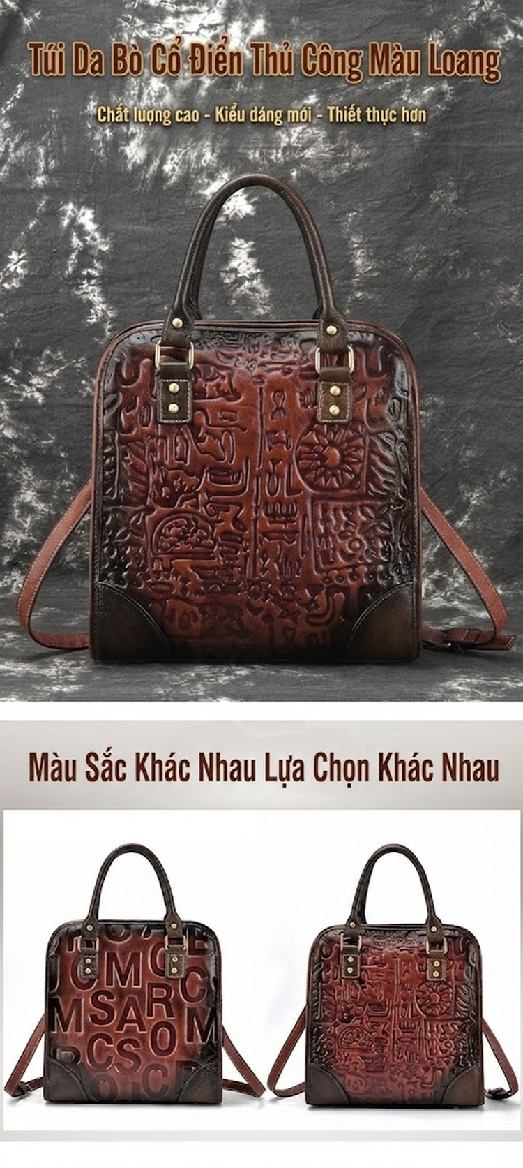 Túi Đeo Vai Nữ Da Bò Retro Vintage Dáng Đứng Thời Trang Âu Mỹ Màu Nâu chi tiết 1