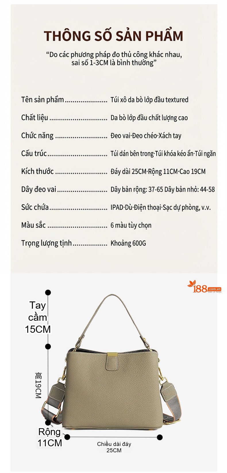 Túi Đeo Vai Nữ Da Bò Sức Chứa Lớn Kiểu Túi Bucket Đeo Chéo Đeo Một Bên Vai Màu Xám chi tiết 3