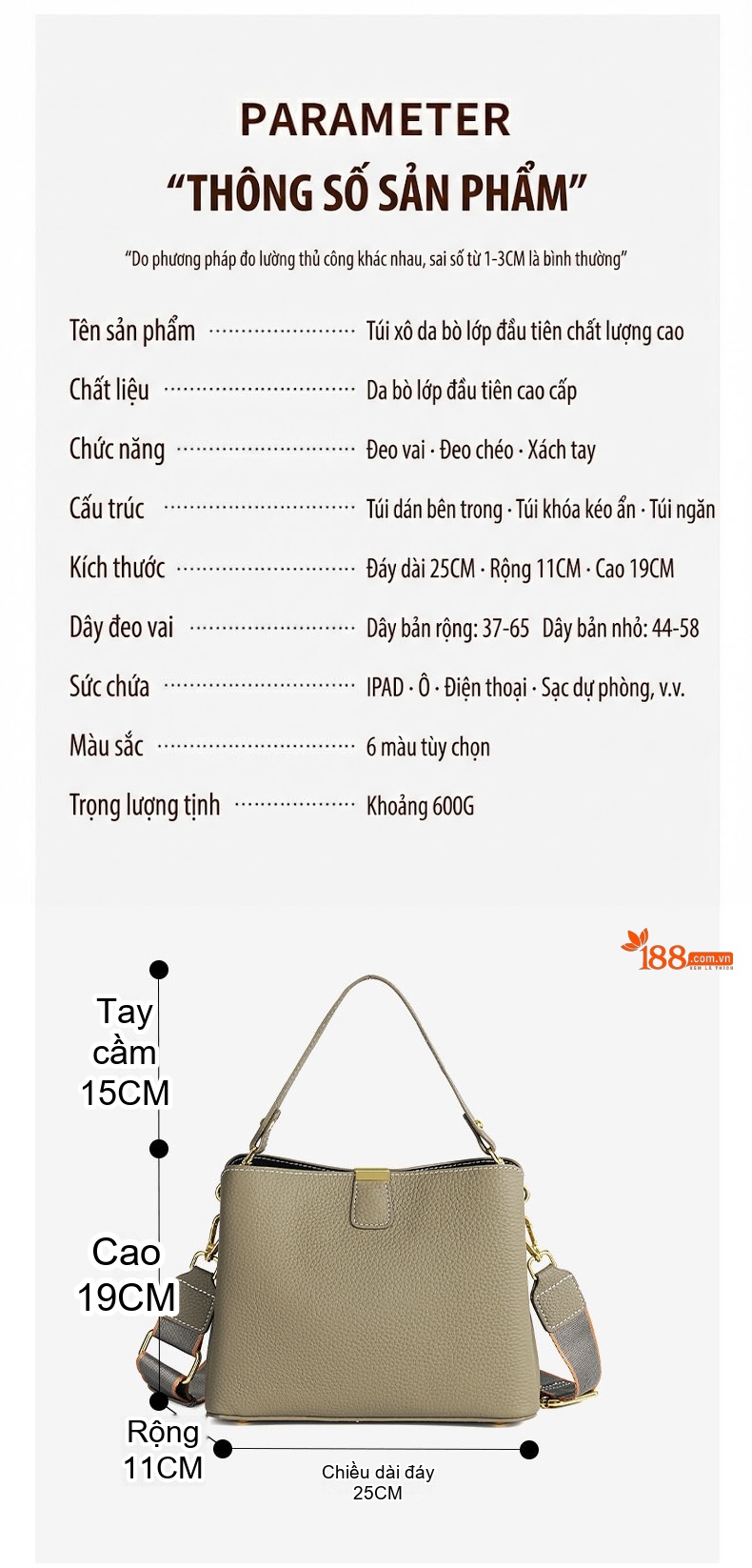 Túi Đeo Vai Nữ Da Bò Sức Chứa Lớn Kiểu Túi Bucket Đeo Chéo Đeo Một Bên Vai Màu Xám chi tiết 24