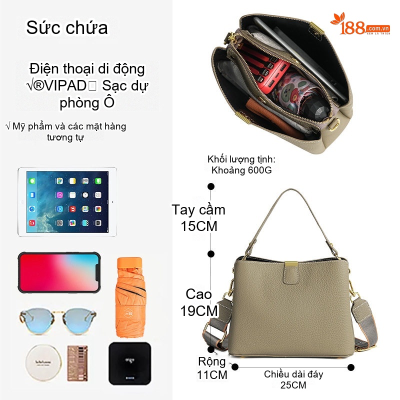Túi Đeo Vai Nữ Da Bò Sức Chứa Lớn Kiểu Túi Bucket Đeo Chéo Đeo Một Bên Vai Màu Xám