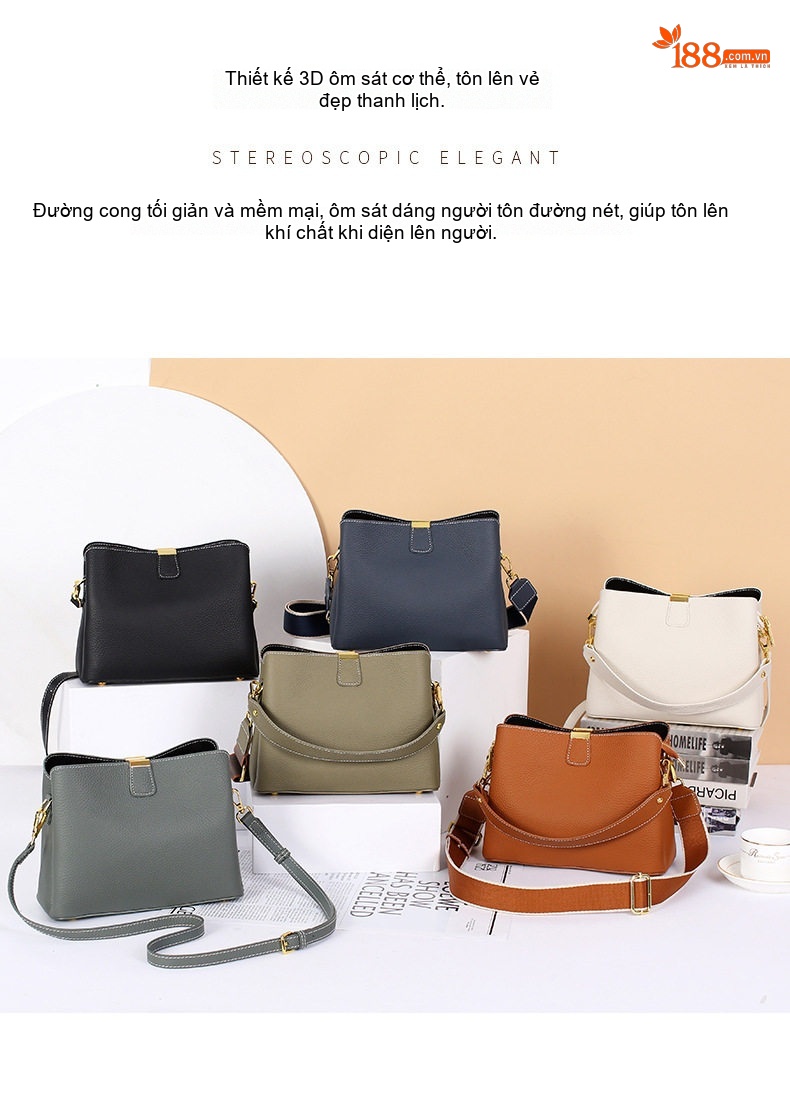 Túi Đeo Vai Nữ Da Bò Sức Chứa Lớn Kiểu Túi Bucket Đeo Chéo Đeo Một Bên Vai Màu Xám chi tiết 13