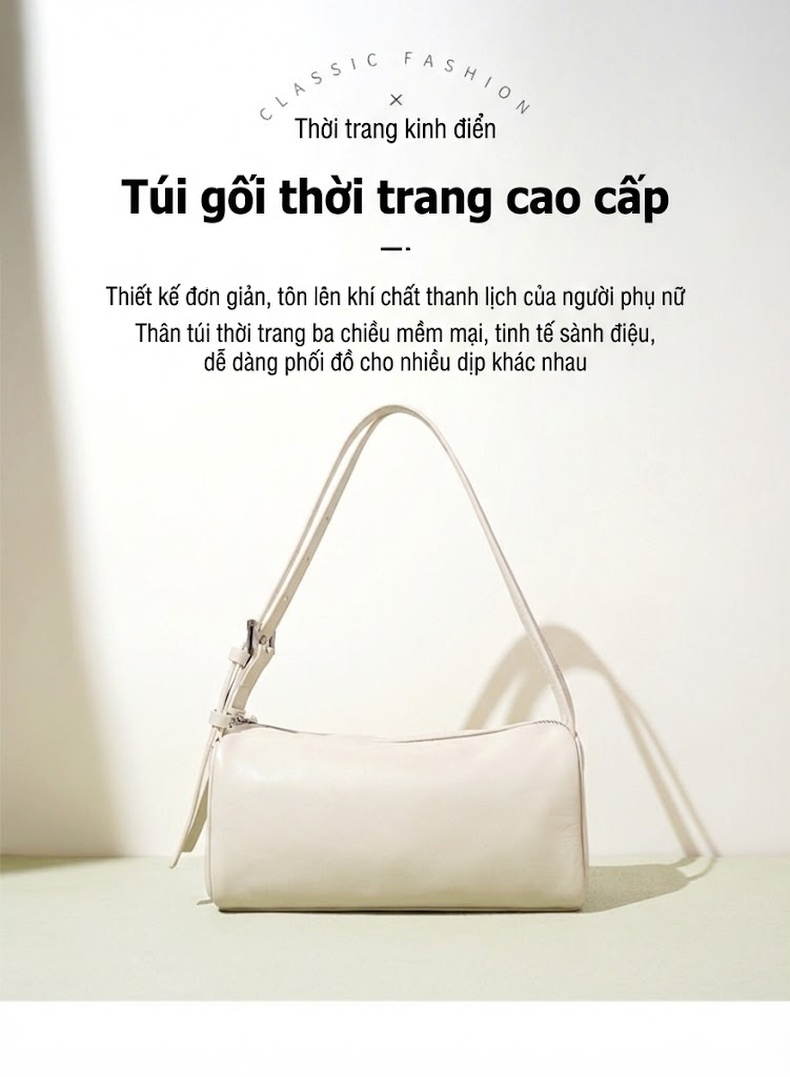 Túi Đeo Vai Nữ Da Bò Thật Kiểu Dáng Trụ Túi Kẹp Nách Đeo Chéo Thời Trang Màu Đen, Nâu, Trắng Kem chi tiết 2