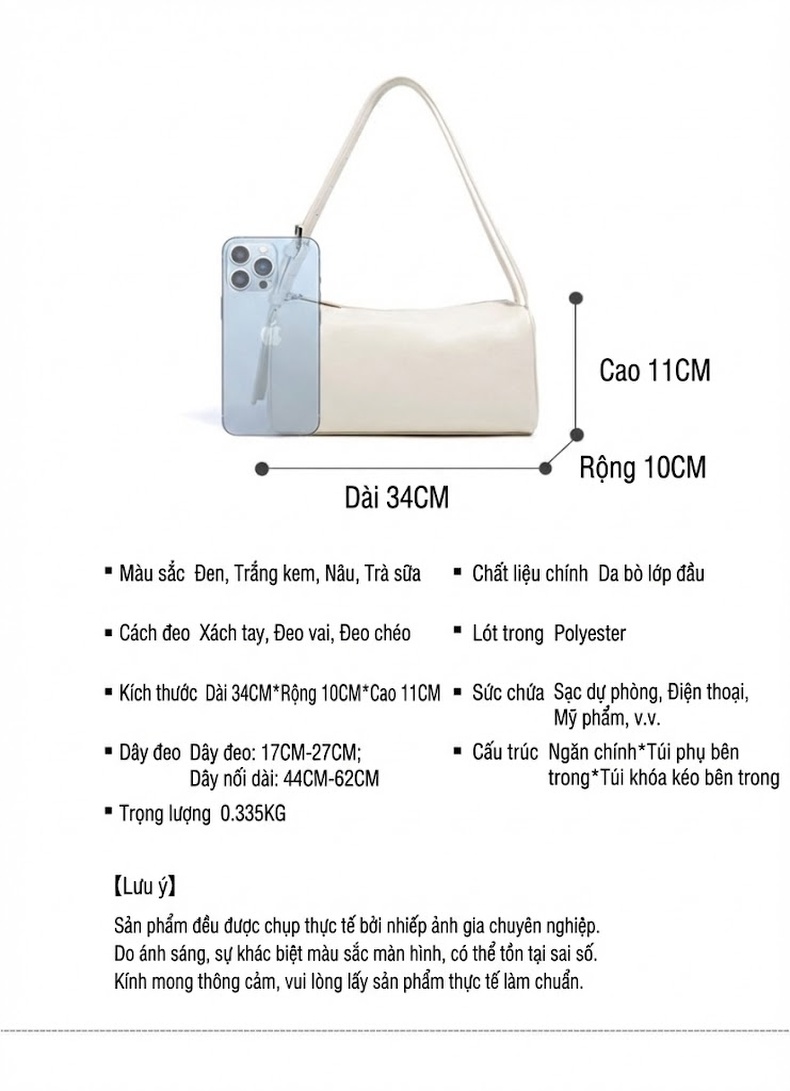 Túi Đeo Vai Nữ Da Bò Thật Kiểu Dáng Trụ Túi Kẹp Nách Đeo Chéo Thời Trang Màu Đen, Nâu, Trắng Kem chi tiết 8