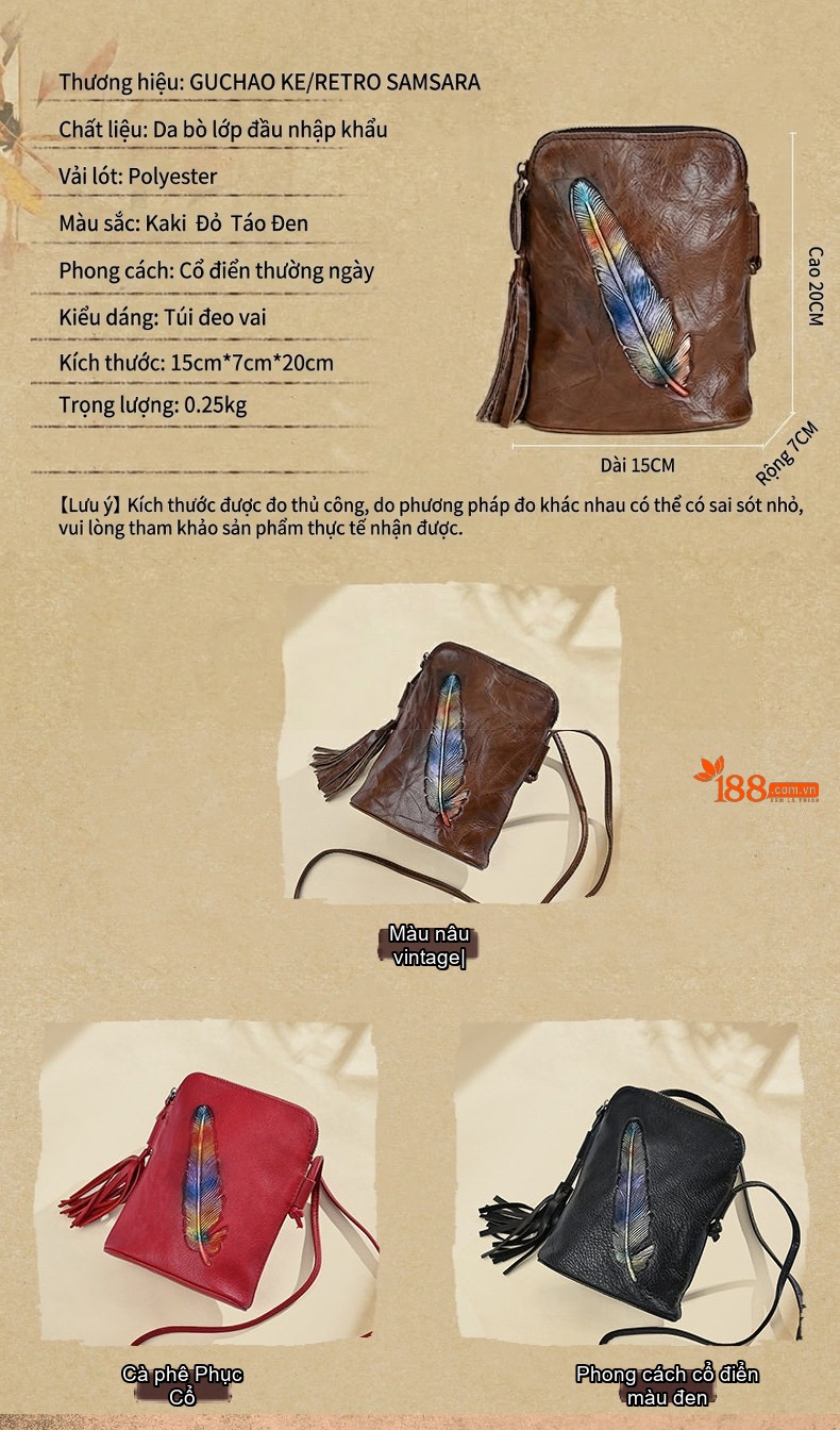Túi Đeo Vai Nữ Da Bò Thật Túi Đeo Chéo Hình Lông Vũ Phong Cách Retro Màu Nâu, Đen chi tiết 5