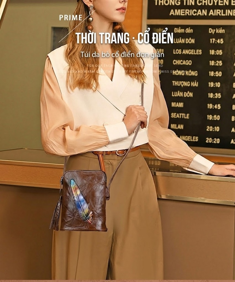 Túi Đeo Vai Nữ Da Bò Thật Túi Đeo Chéo Hình Lông Vũ Phong Cách Retro Màu Nâu, Đen chi tiết 3