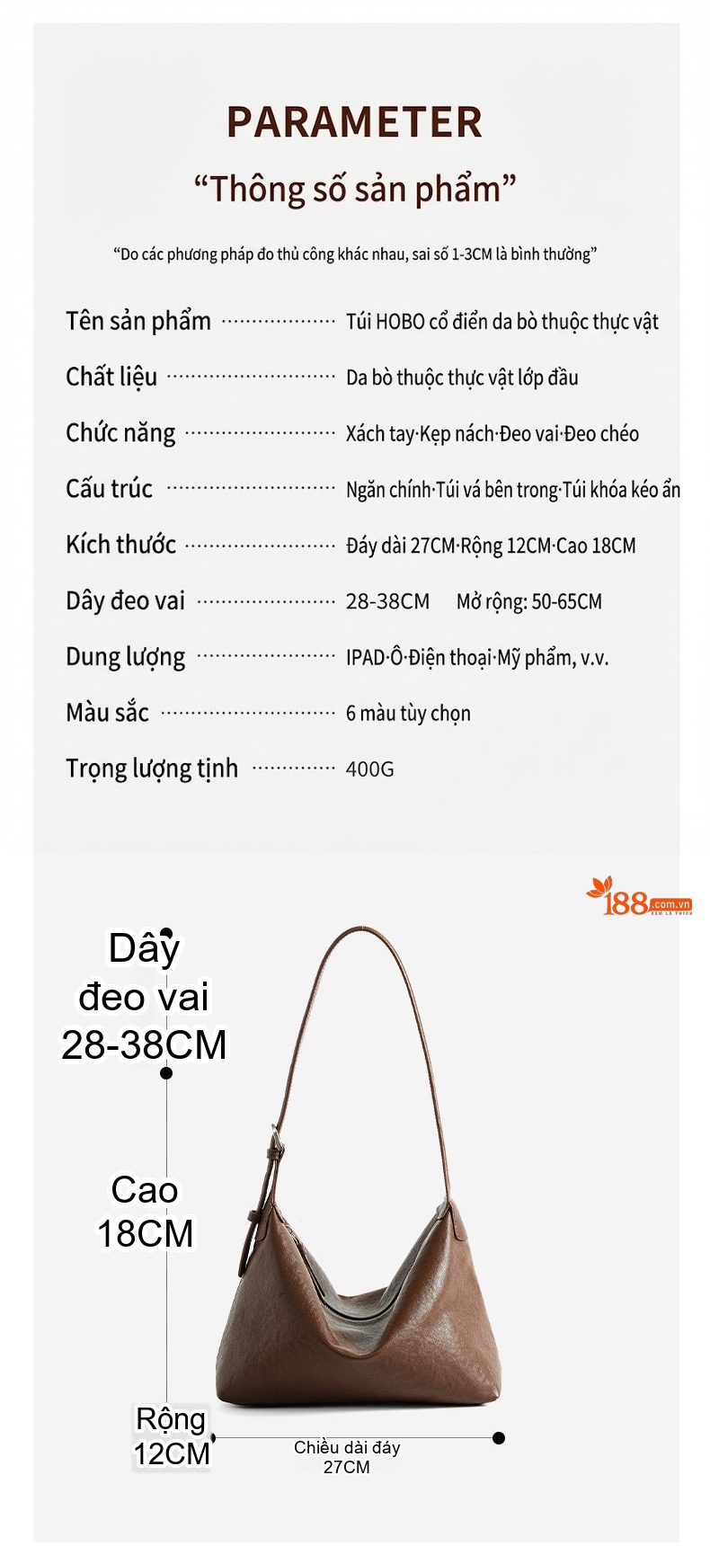Túi Đeo Vai Nữ Da Bò Thật, Túi Hobo Da Thật, Túi Kẹp Nách Đựng Vừa A4 Màu Nâu chi tiết 5