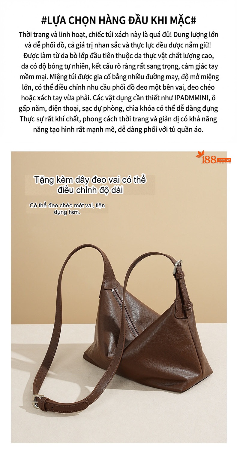 Túi Đeo Vai Nữ Da Bò Thật, Túi Hobo Da Thật, Túi Kẹp Nách Đựng Vừa A4 Màu Nâu chi tiết 8
