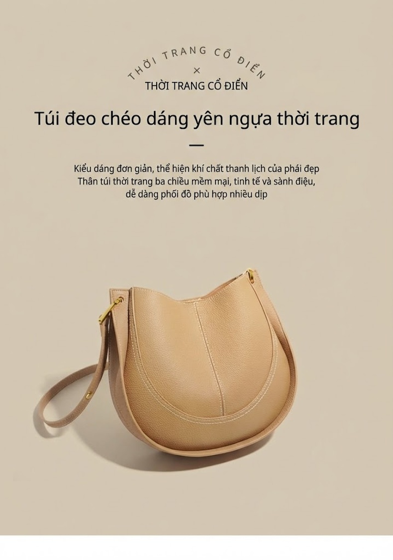 Túi Đeo Vai Nữ Da Bò Thiết Kế Độc Đáo Dáng Yên Ngựa Màu Be, Nâu chi tiết 2