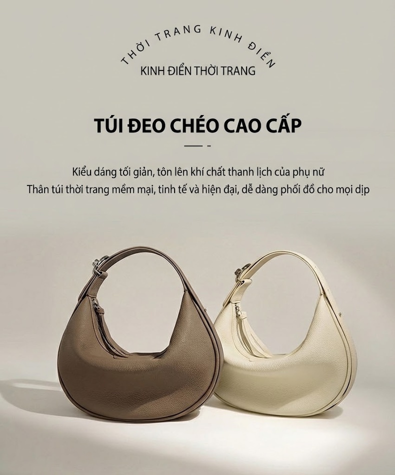 Túi Đeo Vai Nữ Da Bò Thiết Kế Hình Bán Nguyệt Đeo Chéo Màu Nâu, Trắng chi tiết 2