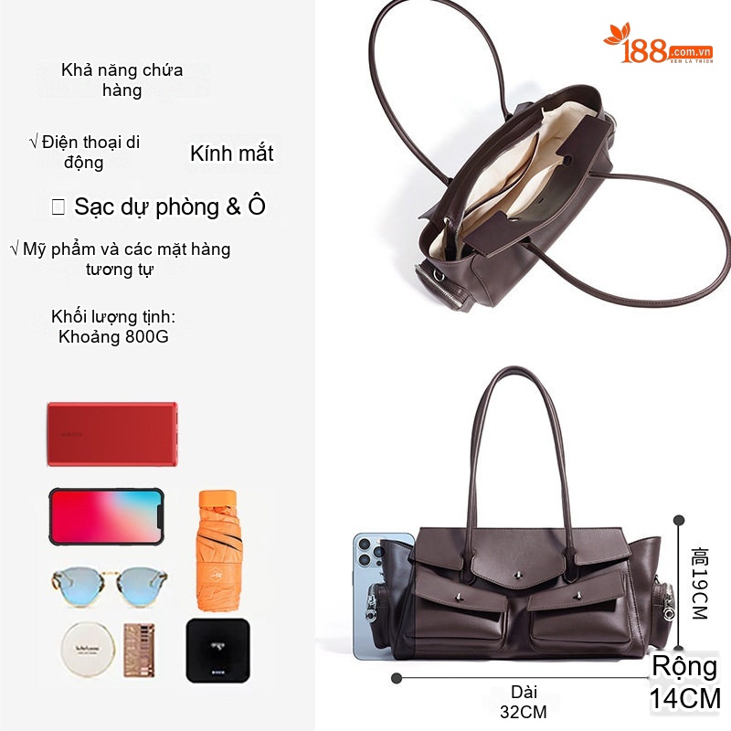 Túi Đeo Vai Nữ Da Bò Thiết Kế Nhiều Ngăn Phong Cách Retro Màu Nâu