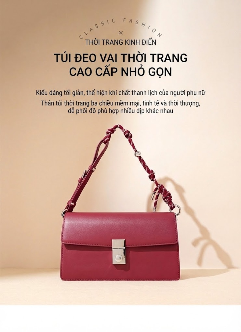 Túi Đeo Vai Nữ Da Bò Thiết Kế Nhỏ Gọn Dây Đeo Cá Tính Màu Đỏ Rượu, Đen chi tiết 1
