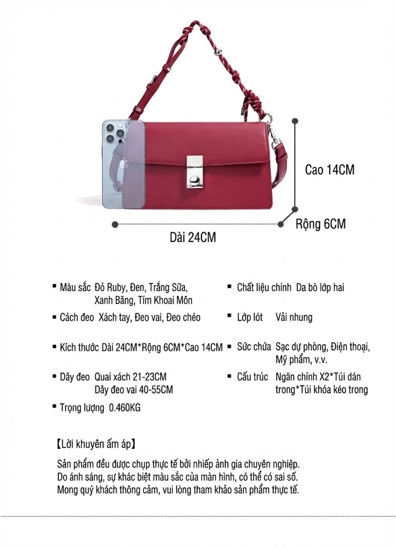 Túi Đeo Vai Nữ Da Bò Thiết Kế Nhỏ Gọn Dây Đeo Cá Tính Màu Đỏ Rượu, Đen chi tiết 8