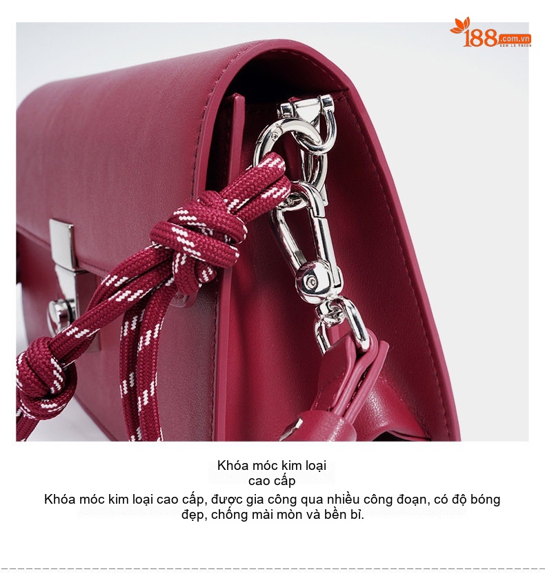 Túi Đeo Vai Nữ Da Bò Thiết Kế Nhỏ Gọn Dây Đeo Cá Tính Màu Đỏ Rượu, Đen chi tiết 13