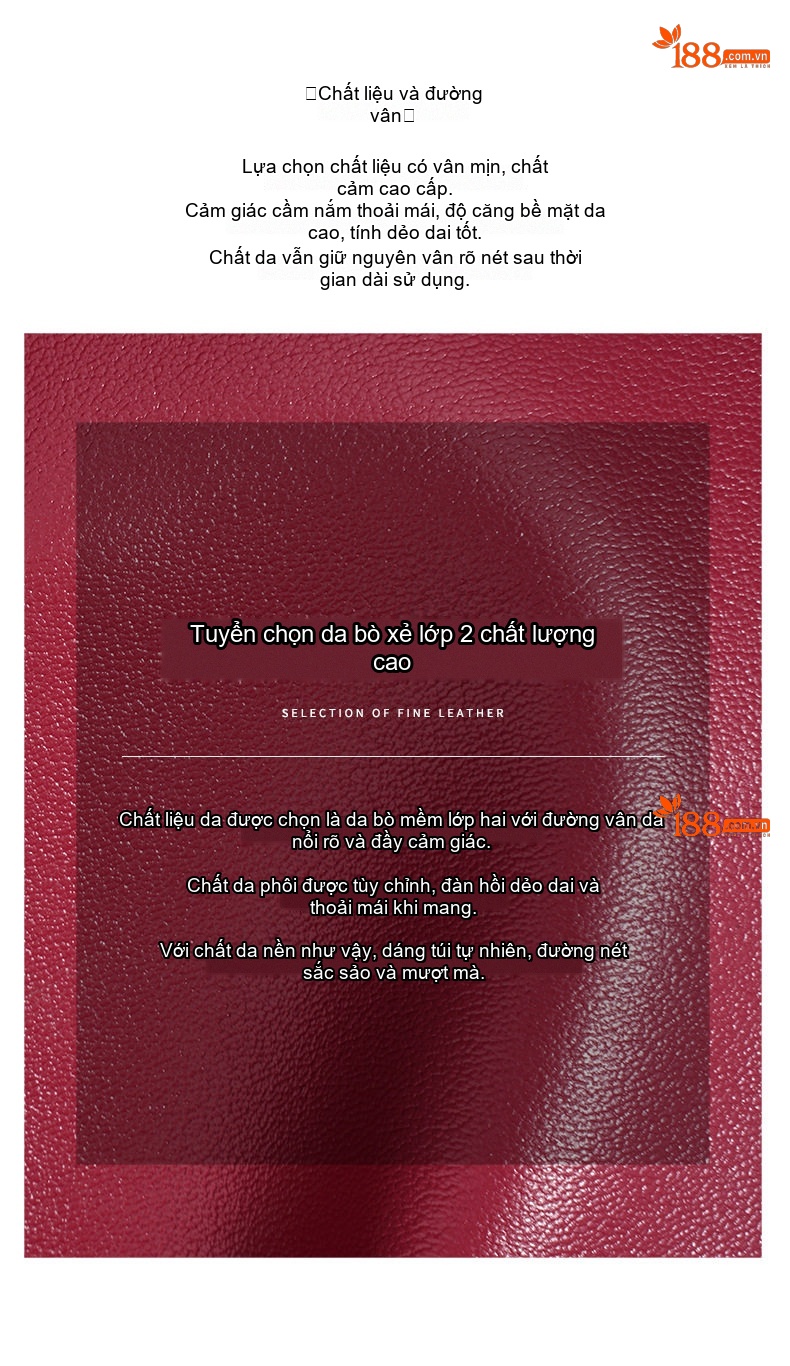 Túi Đeo Vai Nữ Da Bò Thiết Kế Nhỏ Gọn Dây Đeo Cá Tính Màu Đỏ Rượu, Đen chi tiết 11