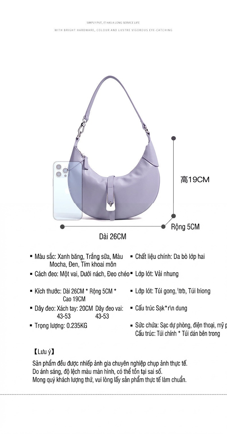 Túi Đeo Vai Nữ Da Bò Thiết Kế Trăng Lưỡi Liềm Tối Giản Màu Tím, Xanh chi tiết 6
