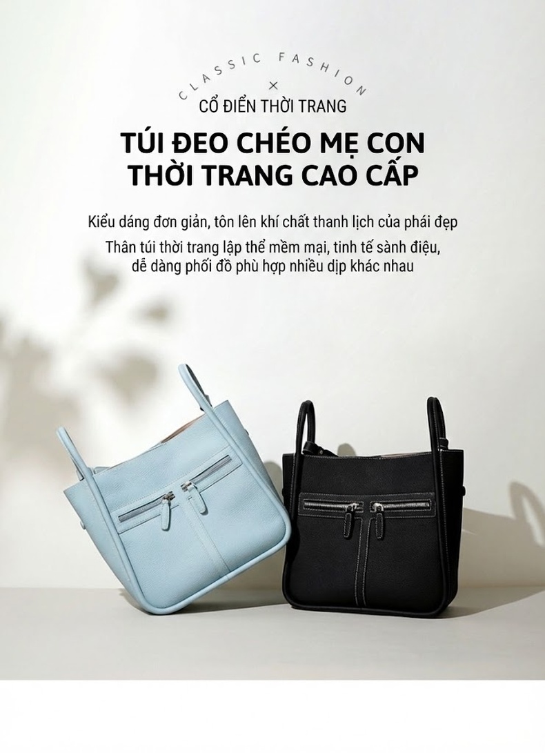 Túi Đeo Vai Nữ Da Bò Thiết Kế Vừa Vặn Đựng Vừa A4 Màu Trắng Kem, Xanh Olive, Đen chi tiết 1