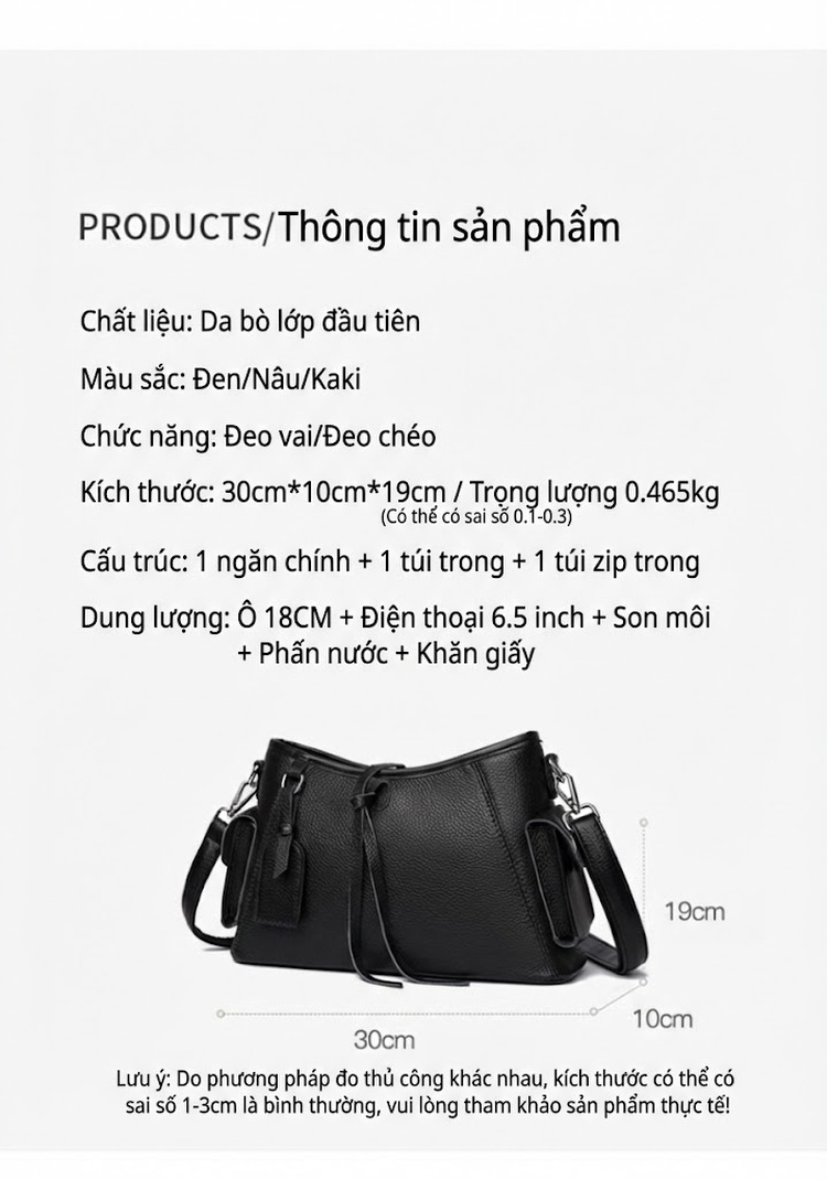 Túi Đeo Vai Nữ Da Bò Thời Trang 2025 Phong Cách Đơn Giản, Dung Tích Lớn Màu Đen, Nâu, Kem chi tiết 4