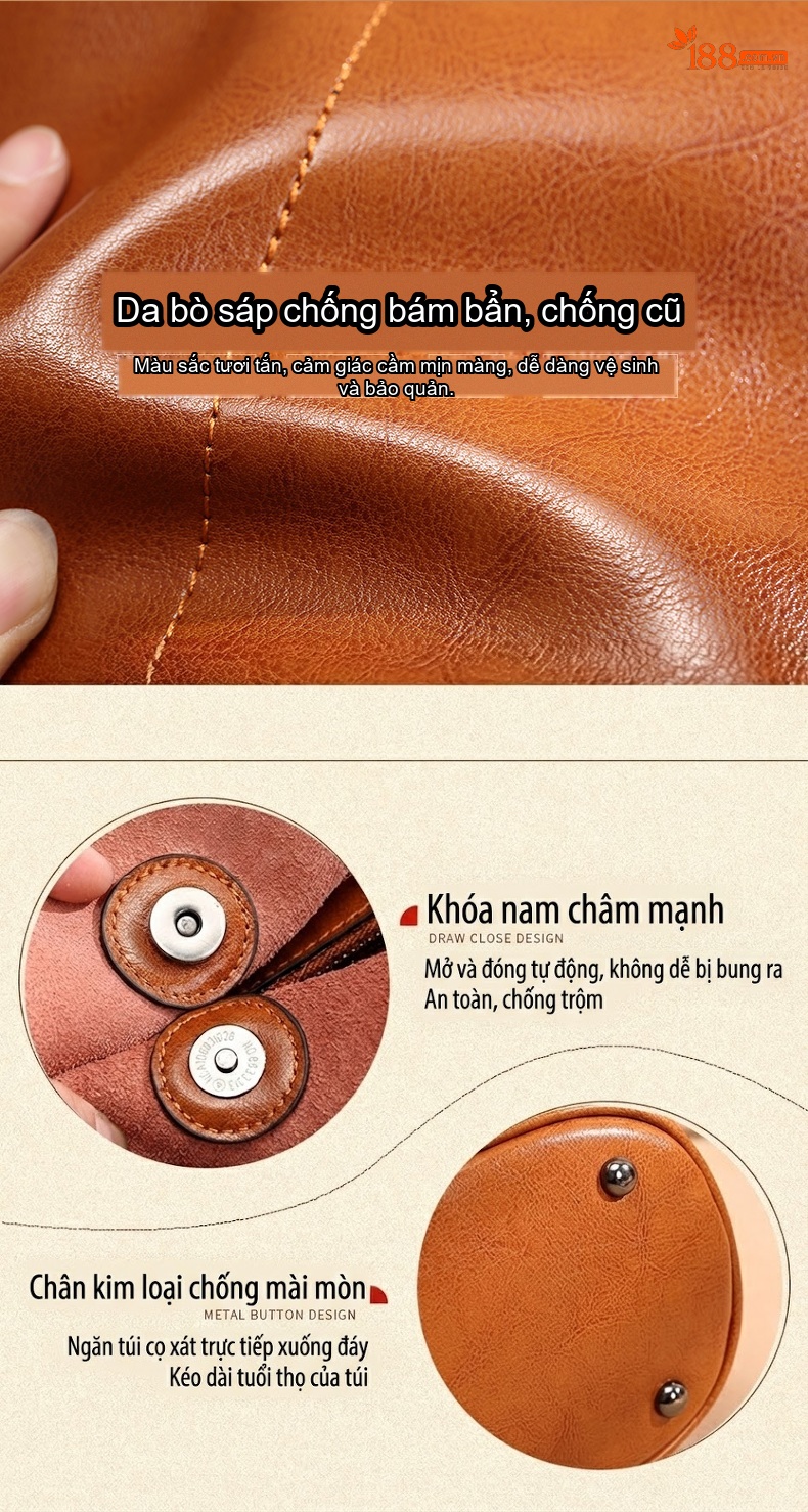 Túi Đeo Vai Nữ Da Bò Thời Trang Đơn Giản Màu Đen, Nâu, Đỏ chi tiết 3