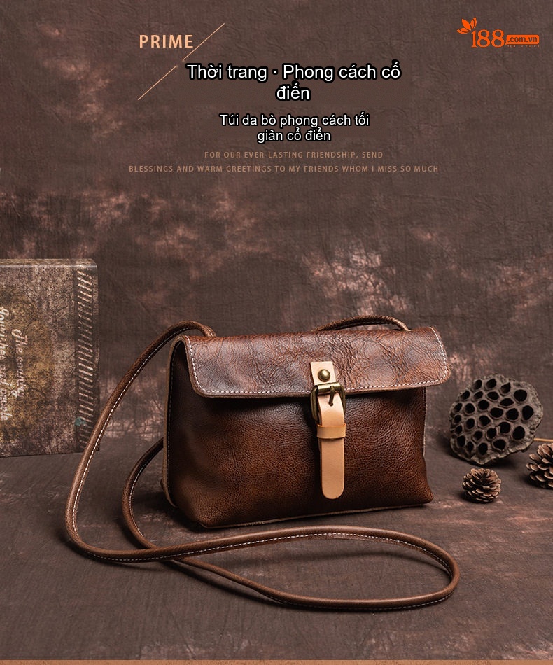 Túi Đeo Vai Nữ Da Bò Thủ Công Vintage Mềm Mại Màu Nâu, Vàng, Đỏ chi tiết 3