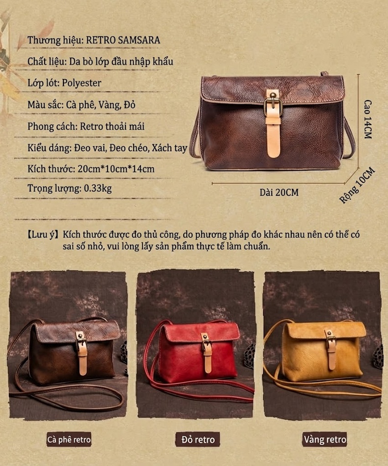 Túi Đeo Vai Nữ Da Bò Thủ Công Vintage Mềm Mại Màu Nâu, Vàng, Đỏ chi tiết 5