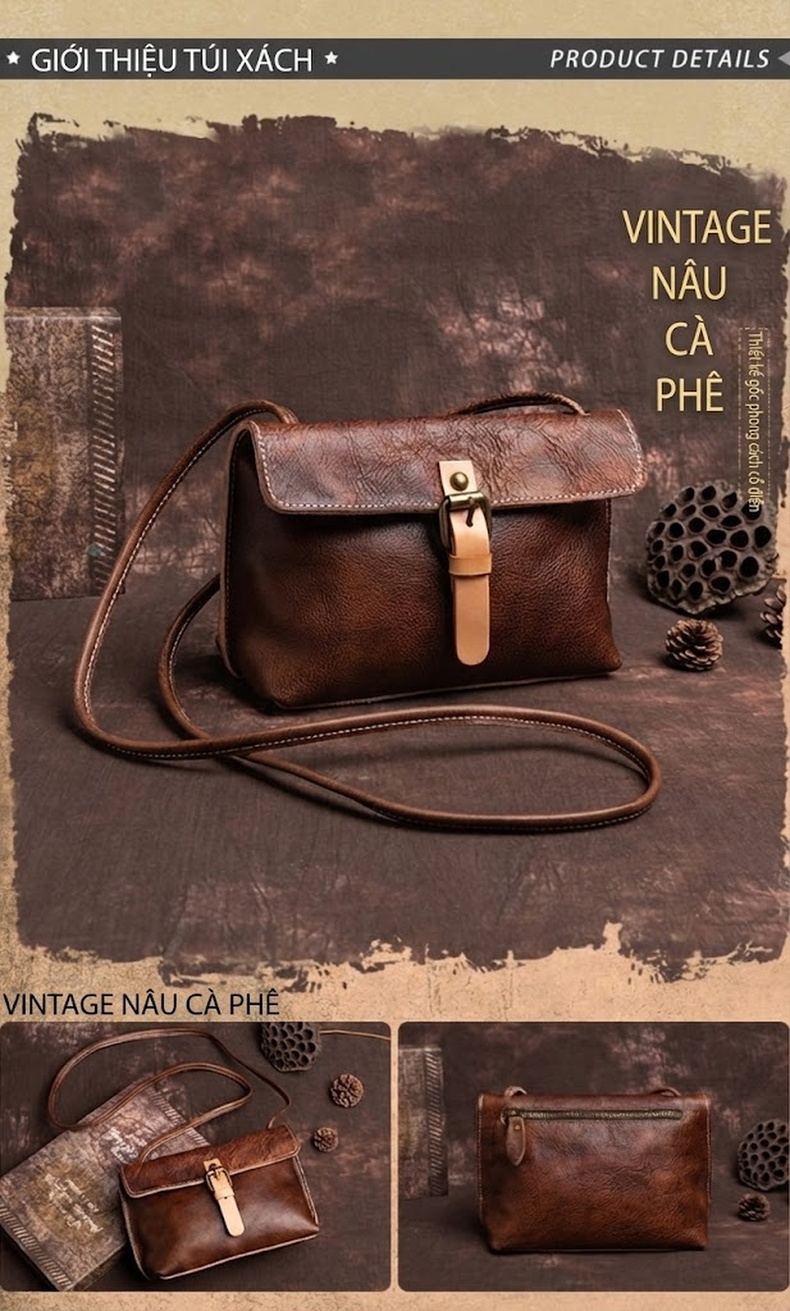 Túi Đeo Vai Nữ Da Bò Thủ Công Vintage Mềm Mại Màu Nâu, Vàng, Đỏ chi tiết 6