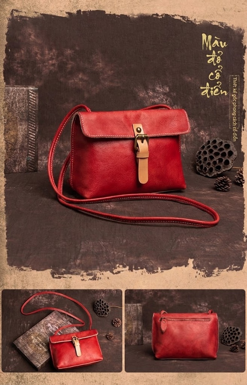 Túi Đeo Vai Nữ Da Bò Thủ Công Vintage Mềm Mại Màu Nâu, Vàng, Đỏ chi tiết 7