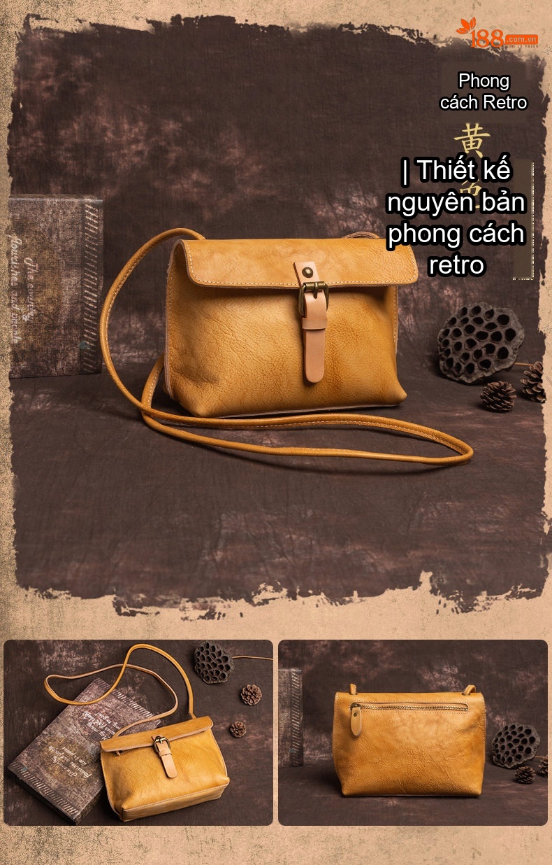 Túi Đeo Vai Nữ Da Bò Thủ Công Vintage Mềm Mại Màu Nâu, Vàng, Đỏ chi tiết 8