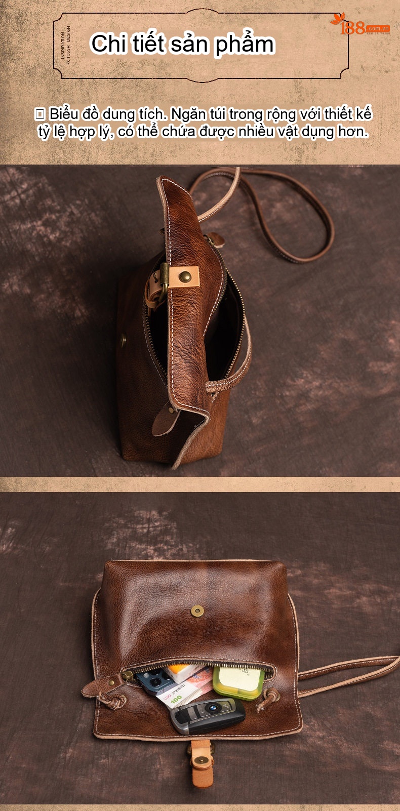 Túi Đeo Vai Nữ Da Bò Thủ Công Vintage Mềm Mại Màu Nâu, Vàng, Đỏ chi tiết 9