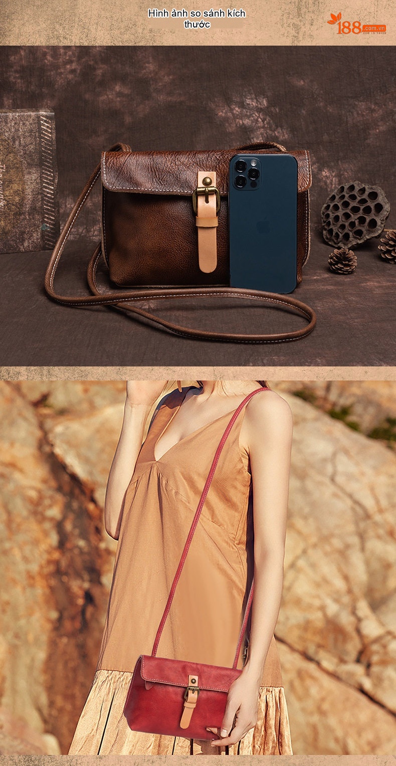 Túi Đeo Vai Nữ Da Bò Thủ Công Vintage Mềm Mại Màu Nâu, Vàng, Đỏ chi tiết 10
